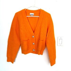 Ganni Orange Jeweled Button Cardigan